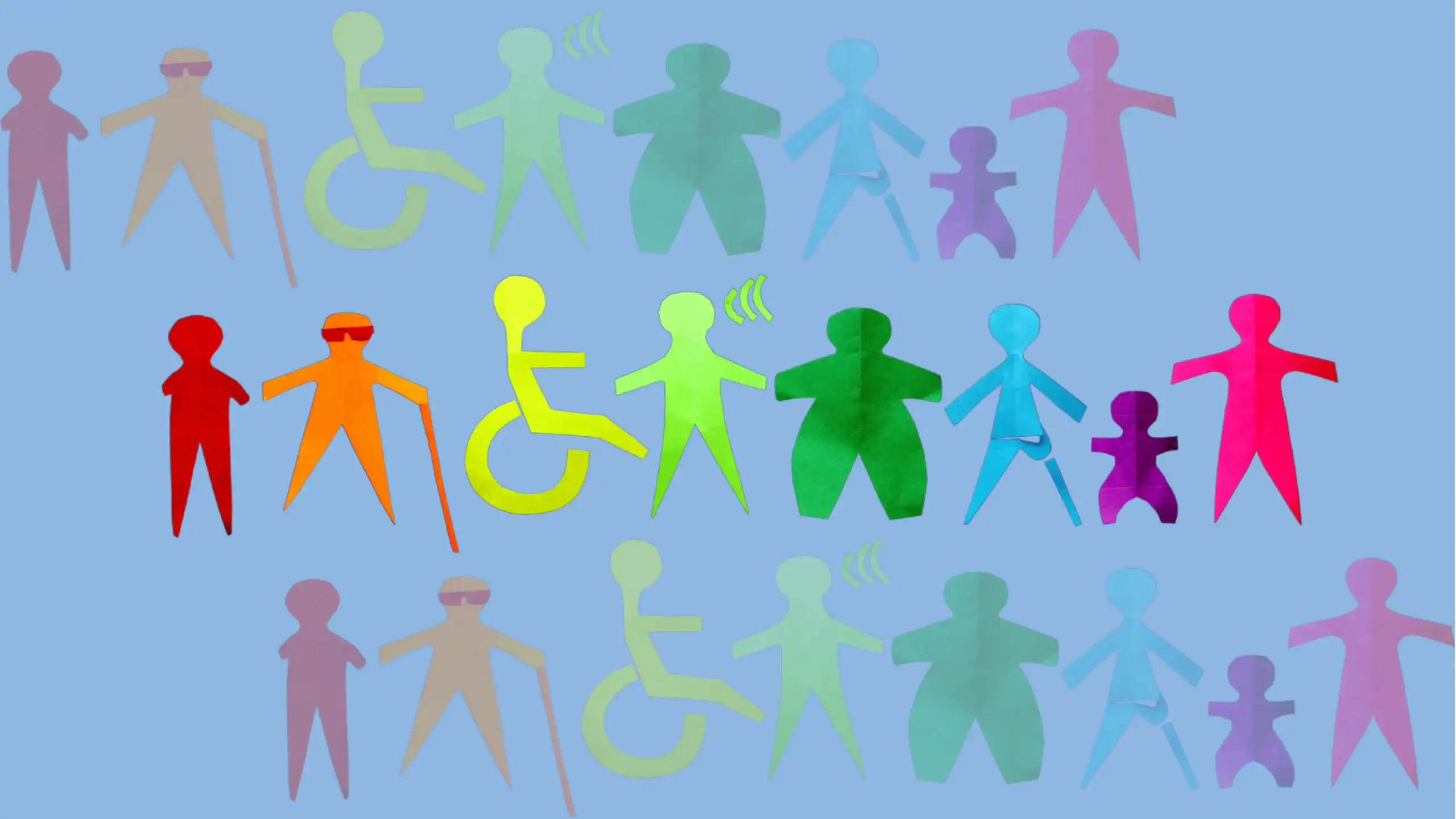 Blue background with paper cutout images of people with different disabilities.